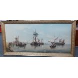 A 1960's gilt framed print of sailing ships at anchor, 120 x 60cm.