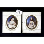 A pair of piano key ivory framed hand painted miniatures of Gainsborough style ladies, frame size 12