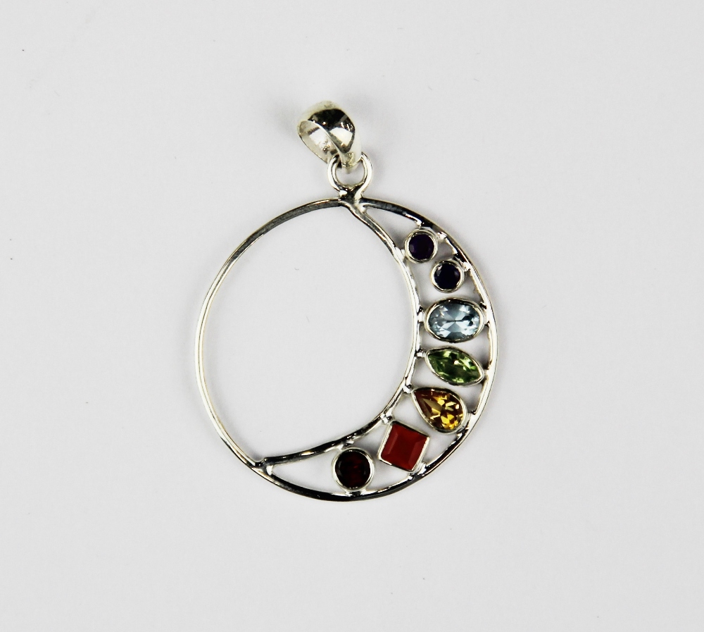 A 925 silver pendant set with amethyst, iolite, blue topaz, peridot, citrine, fire opal and