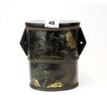A Chinese lacquered and steel bound Chinese wooden water bucket and lid, H. 20cm. W. 20cm.
