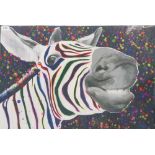 Stephen Blades (British) 'Multicolour Zebra' acrylic and silk on canvas, 60 x 90cm.