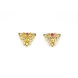 A pair of 9ct yellow gold ruby set butterfly shaped earrings, 1.4 x 1.1cm.