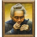 A gilt framed oil on canvas of an elderly Oriental lady threading a needle, 60 x 70cm.