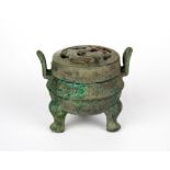 An unusual Chinese oxidized bronze miniature censer with carved mutton fat jade lid, W. 7.5cm. H.