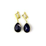 A pair of 925 silver gilt and large faceted sapphire earrings, overall drop 3.5cm.