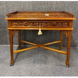 A reproduction carved light mahogany gallery silver table, size 90cm x 49cm x 78cm. A/F to gallery.