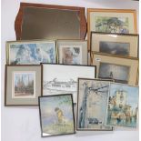 Two 19th Century framed marine prints, 34 x 40cm. with other pictures and mirror.