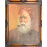 A framed oil on board of an Eastern gentleman smoking a pipe signed R. Rafi, frame size 49 x 60cm.