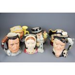 A group of six large Royal Doulton character jugs ' Town Crier' D6530, ' Veteran Motorist' D6633, '