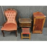 A button back chair with a mahogany bedside cabinet, piano stool and footstool.