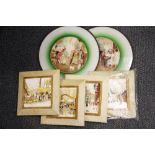 A group of four 1960's paintings on ceramic tiles, frame size 22 x 22cm. together with 1920's