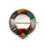 An antique Scottish gilt white metal (tested silver) hardstone set brooch, Dia.5cms