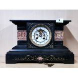 A 19th century French slate and marble mantle clock W. 35cm, H. 23cm.
