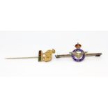 A Sterling silver enamelled RAF brooch together with a gilt tie pin, L.5cms