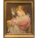 A reframed 19th Century oil on canvas of a girl with kittens, initialed R.B '87. Frame size 53 x