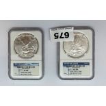 Two cased proof 2012 and 2013 US silver dollar coins.