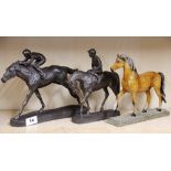 Two cold cast figures of race horses together with an Aynsley figure, H. 20cm.