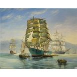 An unframed oil on canvas mounted on board of sailing ships in an Eastern harbour, 60 x 49cm.