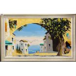 A 1970's oil on canvas of a Mediterranean sea signed Vernon Henri, framed size 85cm x 56cm.