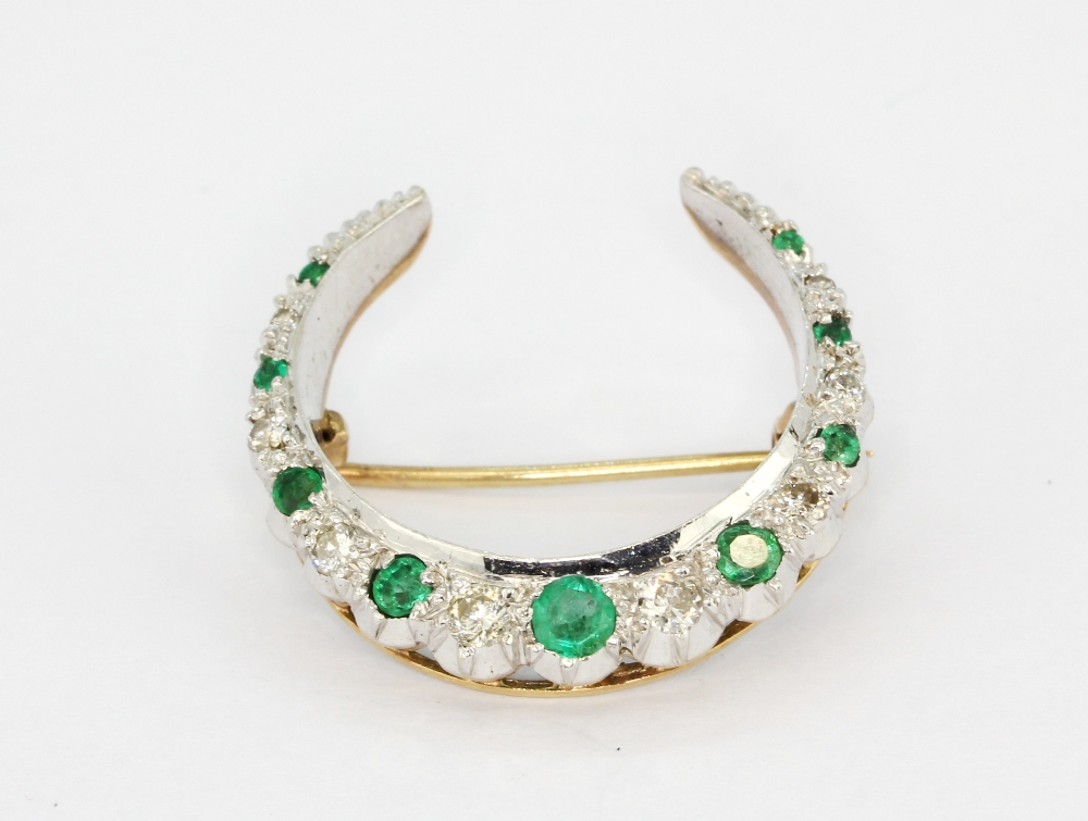 A Victorian yellow and white metal (tested high carat gold) emerald and diamond set crescent moon - Bild 3 aus 3