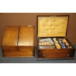 A Victorian oak stationery cabinet, H. 31cm, together with an oak needlework case.