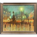 Terrence Vickress (British) framed acrylic on canvas of Piccadilly Circus, London. Frame size 58 x