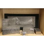 A group of hammered pewter covered boxes, table mats and picture together with a Scottish pewter two