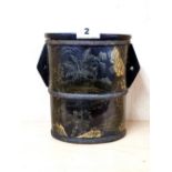 A Chinese lacquered and steel bound wooden water bucket and lid, H. 20cm. W. 20cm.