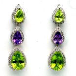 A pair of 925 silver drop earrings set with peridot, amethyst and white stones, L. 3.2cm.