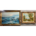 A large gilt framed oil on canvas seascape with indistinct signature, 104 x 75cm, together with a