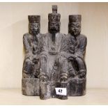 A 19th Century Chinese carved wooden processional figure of three lucky gods with horse hair
