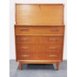 A 1960's teak bureau, H. 107cm W. 76cm.