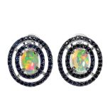 A pair of 925 silver cluster earrings set with cabochon cut opal and sapphires, L. 1.7cm.