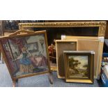 A gilt framed oil on canvas, 33cm x 42cm, together with three further framed pictures and an oak