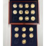 A case of 18 gold plated silver 'History of the train' one dollar coins, Cook Islands.