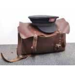 A vintage leather British ticket collectors shoulder bag and cap.