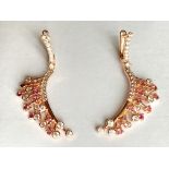 A pair of 925 rose gold gilt drop earrings set with pink tourmalines and white stones, L. 5cm.