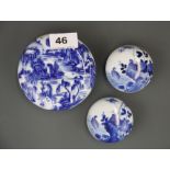 Three Chinese hand painted porcelain ink boxes, largest Dia. 11cm.