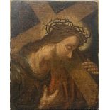 An unframed 18th Century oil on canvas of Christ with a crown of thorns carrying the cross 26.5 x