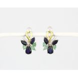 A pair of 925 silver and gilt earrings set with sapphires, emeralds and white stones, approx. 1.