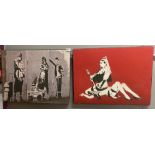 Two canvas reproductions of Banksy artworks, 60 x 47cm.