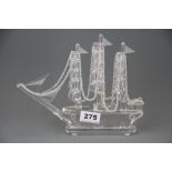 A crystal model of a sailing ship, H. 19cm.