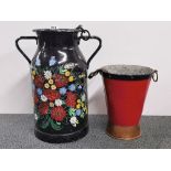 A barge ware milk churn, H. 50cm, together with an antique fire bucket.