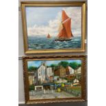 A gilt framed oil on board of Thames Sailing Barges by John Wingwood 1981, 68cm x 54cm, together