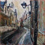 Susan Isaac, "Trinity Lane, Cambridge", oil on canvas, 30 x 30cm, 2021. Trinity Lane quietly