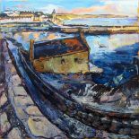 Susan Isaac, "Porthleven and the Old Lifeboat Station", oil on canvas, 76 x 76cm, 2016. The old