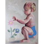 Stephanie Caeiro, "Baby and flowers", oil on cradled wooden panel,