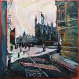 Susan Isaac, "Kings College Cambridge from Trinity Street", oil on canvas, 40 x 40cm, 2021. Darkened