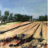 Sarah Drought, "Tramlines", acrylic on paper, 40.5 x 40.5cm, 2021. This was inspired by memories