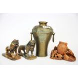 A Chinese bronze/brass vase, H. 19cm. Together with a pair of carved soapstone lions and a soap